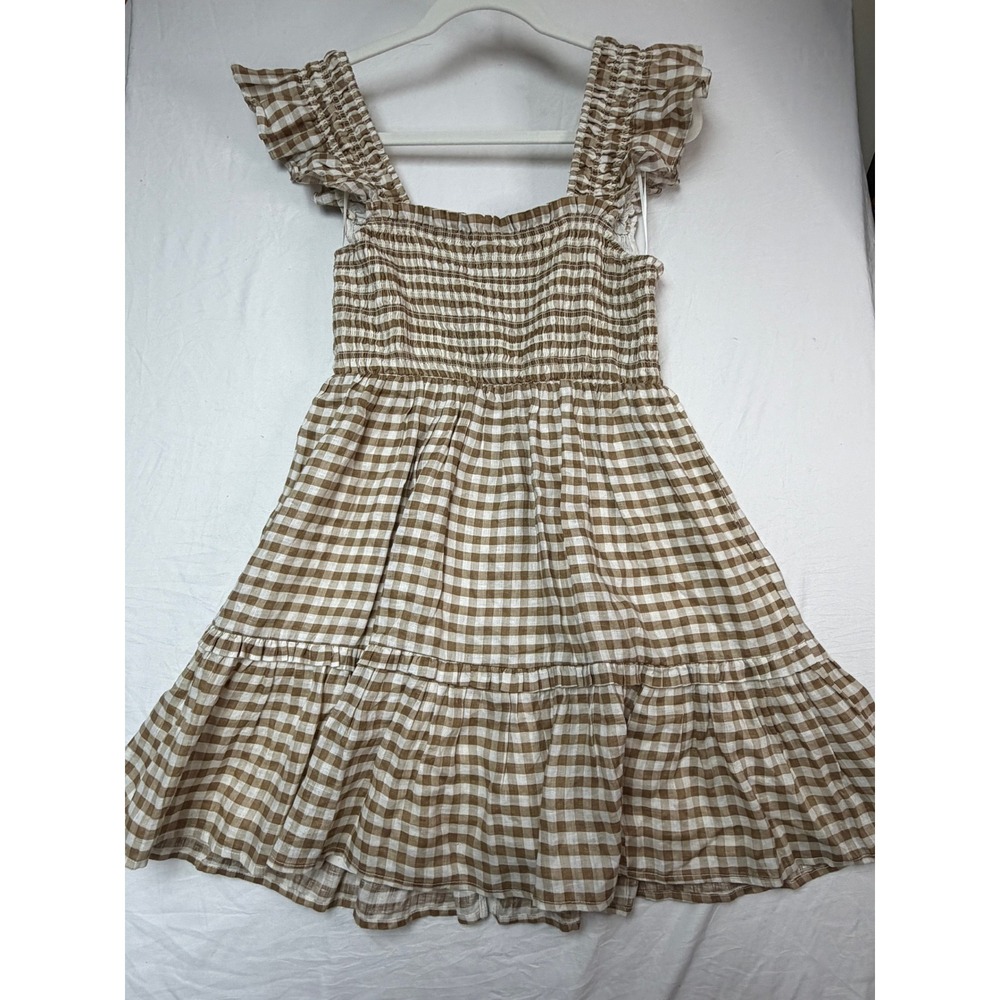 Anthropologie Brown Gingham Smocked Mini Dress Ruffle Button Front Cottagecore M - Picture 7 of 7
